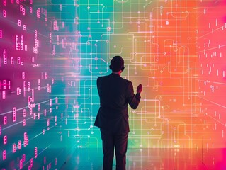 Businessman in suit uses virtual cyber security technology on global network server. Colorful background with school blue, recess green, playful pink, and snacktime orange.