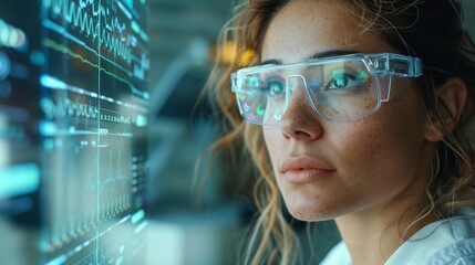 Female data scientist analyzing patterns on a futuristic digital interface