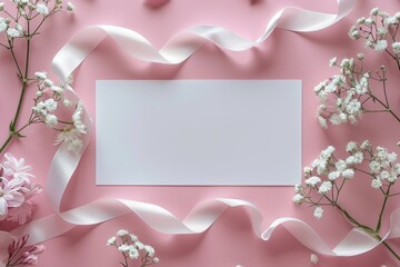 Empty wedding invitation card with white ribbon and flowers on pastel pink background. Top view