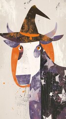 Bohemian cow in colorful witch attire with star pattern, raw style illustration in lilac, gray, and orange.