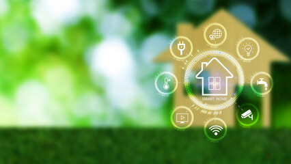 Smart home technology, virtual screen manage smart home features including security, lighting, temperature, Smart home automation assistant and Iot concept.