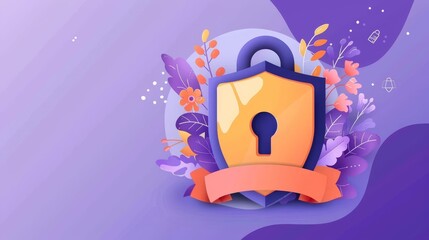   A lock adorned with a ribbon, surrounded by purple flowers and encircled by a ribbon border