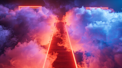 An unconventional crooked shot from above highlights the perfect red carpet as it weaves between the smoke and neon lights, offering a unique and artistic view of the path that beckons guests forward