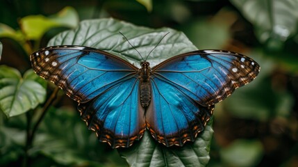   A blue butterfly perches on a green plant, surrounded by numerous leaves Its wings bear distinct black and white stripes