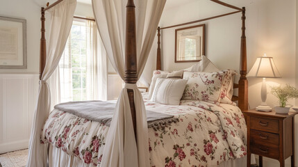 A charming farmhouse guest bedroom with a four-poster bed, adorned with floral bedding and a mockup frame hanging above the bedside table.