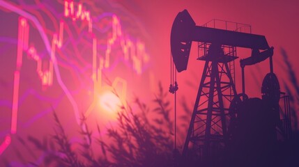   A silhouetted oil pump against a pink-purple sky, sun shining through clouds