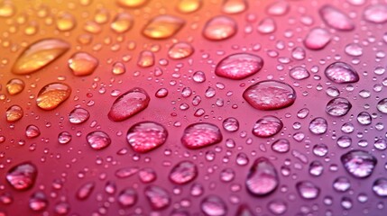   A tight shot of water droplets on a multicolored surface , beneath a blue sky