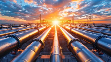   A sizable collection of pipes aligned atop a expansive grassy field during sunset