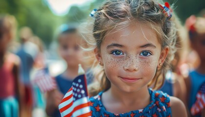 Little girl with American flag face painting smiling at the camera.