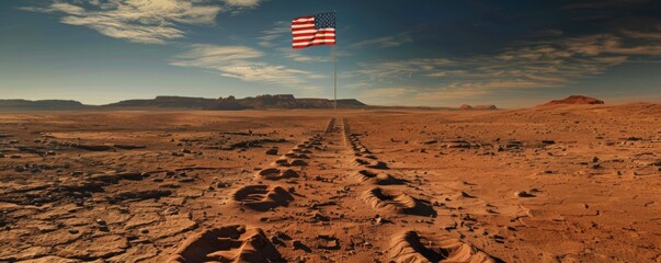 The American flag waving on the surface of Mars. - Powered by Adobe