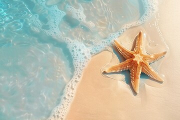 Starfish on the sand beach in clear sea water. Summer background. Summer time .Copy space. Relaxing on the beach. generative ai.