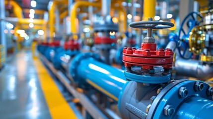   A tight shot of a blue-and-red valve on a conveyor belt against yellow and yellow piping in the backdrop