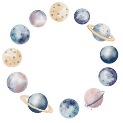 Planet round wreath. Watercolor Space circular Frame on isolated background. Cosmos set for Baby shower greeting cards or birthday invitations in pastel blue and pink colors. Illustration for children