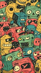 Robot wizards battle in a void with vibrant coral, salmon, banana yellow, and mint green colors, creating a futuristic and whimsical scene.