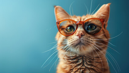  A ginger cat with round glasses against blue background. Created with Ai