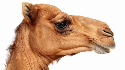   A tight shot of a camel's head against a white backdrop, surrounded by a white sky