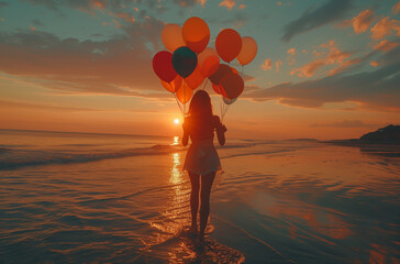 A woman stands on a sandy beach, holding colorful balloons in her hand. The sun is shining brightly in the sky as she enjoys the day.