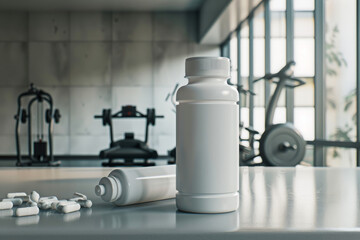 White, empty supplement bottle on a gym counter, surrounded by workout equipment, ideal for fitness and health product branding. --ar 3:2 --seed 94453598 Job ID: 81fd80ec-5937-46eb-aa1a-5c932b11614d