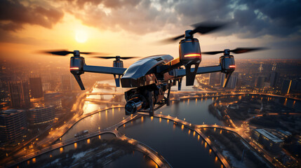 Drone flying over a city at sunset, highlighting the advanced technology against a backdrop of urban skyscrapers and winding rivers bathed in golden light.