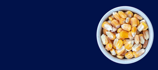 Porcelain pot filled with corn seeds on a blue background, in Brazil