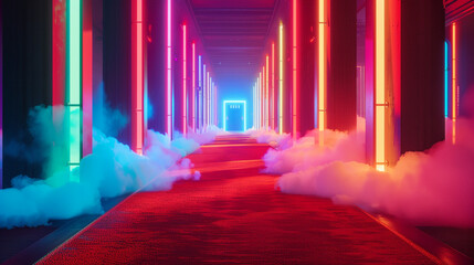 Viewed from the right side, a flawless red carpet stretches out, flanked by gentle smoke and colorful neon lights