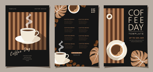 Set of minimal background templates with coffee beans and coffee mug for invitations, cards, banner, brochure, poster, cover, cafe menu or another design.