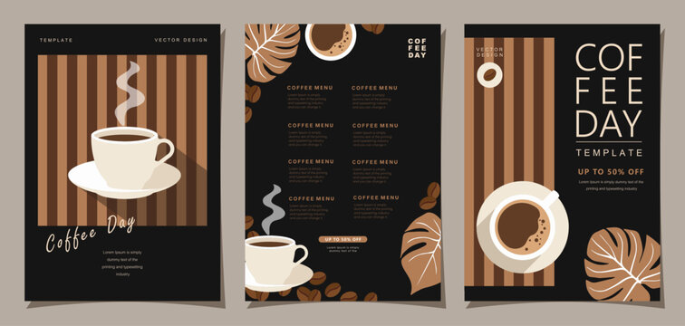 Set of minimal background templates with coffee beans and coffee mug for invitations, cards, banner, brochure, poster, cover, cafe menu or another design.