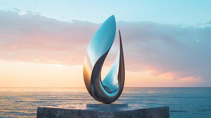 Illustrate a modern, minimalist sculpture against a serene, ocean backdrop using digital rendering techniques like CG 3D rendering Play with unexpected camera angles to highlight the sculptures clean