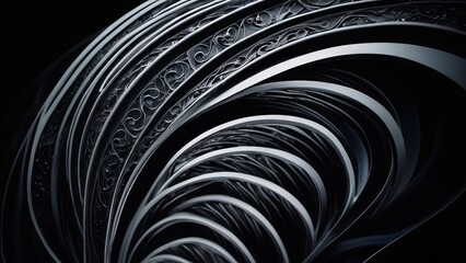 Naklejka premium Elegant swirling silver metallic patterns with intricate designs, abstract modern art for luxury decor and backgrounds, mesmerizing monochrome curves.
