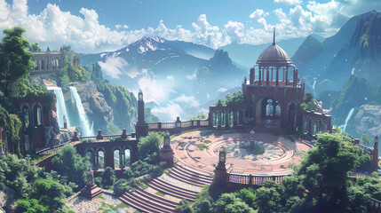 In a digital rendering technique, visualize a breathtaking panoramic view of an Isekai world where...