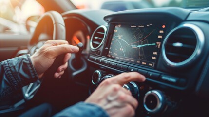 The concept of transportation, technology, and vehicles is illustrated by a man using a touchscreen interface to control his car, using a touch panel button for system control, GPS and DVD, with