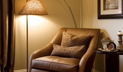 A charming reading nook with a plush brown armchair and a floor lamp, inviting you to relax with a good book.