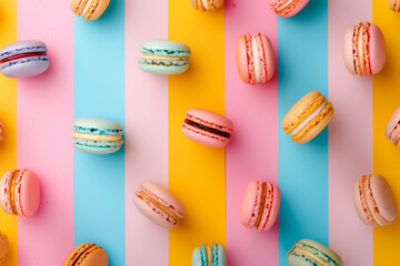 Array of colorful macarons patterned across a split pastel pink and yellow background, creating a visually appealing and vibrant image ideal for culinary and lifestyle themes