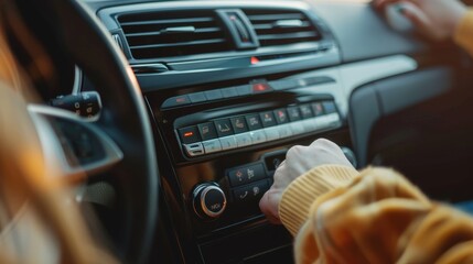 Dashboard of a car with a radio in the foreground and a woman setting up a button there