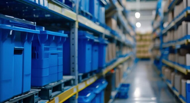 Stocks shelves with bins in supermarket. Concept Retail Management, Supermarket Organization, Inventory Control, Store Merchandising
