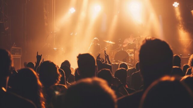 A large crowd of people gathered together, standing and watching a band performing live on stage with enthusiasm.