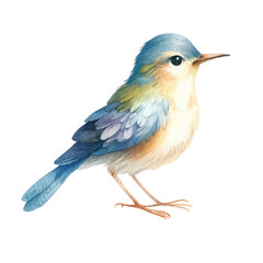 A watercolor painting of a blue bird with a yellow belly and a blue head.