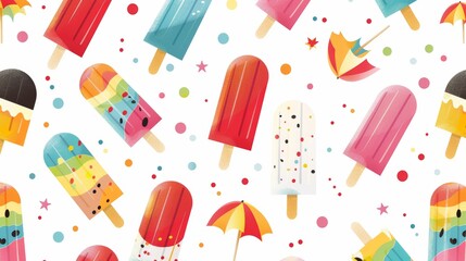 Fototapeta na wymiar On a white background, a seamless pattern of colorful popsicles is shown