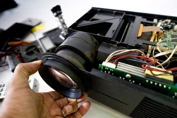 Video and multimedia projector open for maintenance with led lamp