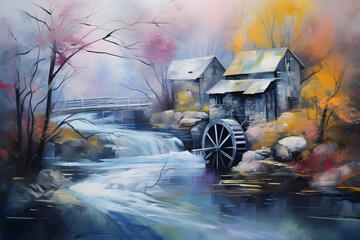 dreamy river watermill, abstract landscape art, painting background, wallpaper, generative ai