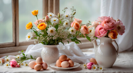 Chicken eggs on the background of window and flowers