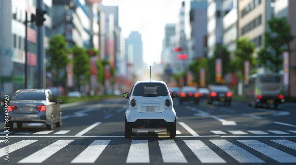 Poster Smart autonomous car scans the road, operates the machine, and automatically stops at crosswalks.