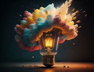 Colorful smoke Splashing Out Of Lightbulb on black background
