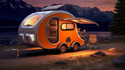 Illustration of a futuristic eco-sustainable motorhome trailer with solar panels on the roof while parking in nature at night.