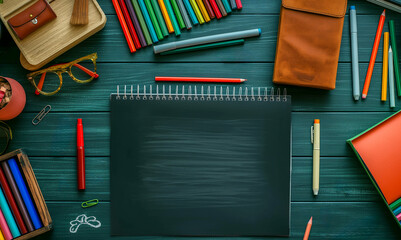 Top view: mockup of notepad and colorful pencils on green wooden table. Layout for Back to School advertising. Writing creative ideas.