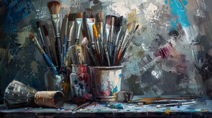 Obraz premium A painting of a messy table with many paintbrushes and tubes of paint