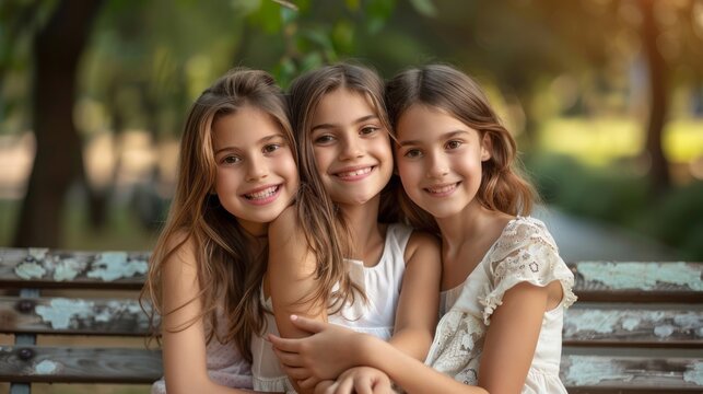 Three young girls are sitting on a bench, smiling and hugging each other
