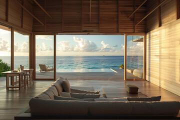 Fototapeta premium Modern eco-lodge interior with expansive glass doors open to breathtaking ocean views, featuring cozy furnishings that perfectly blend sustainability and luxury for an idyllic eco-friendly retreat