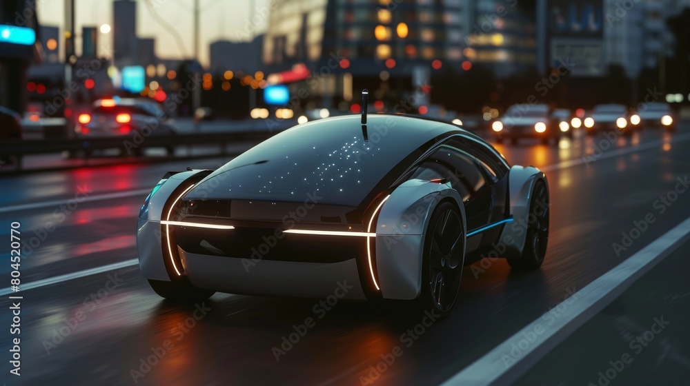 Poster this 3d rendering illustrates an autonomous self-driving electric car changing lanes and overtaking 
