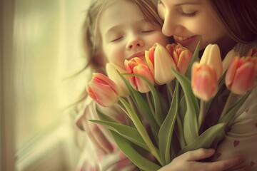 The little daughter hugs her mother and gives her a bouquet of flowers, mothers day, love